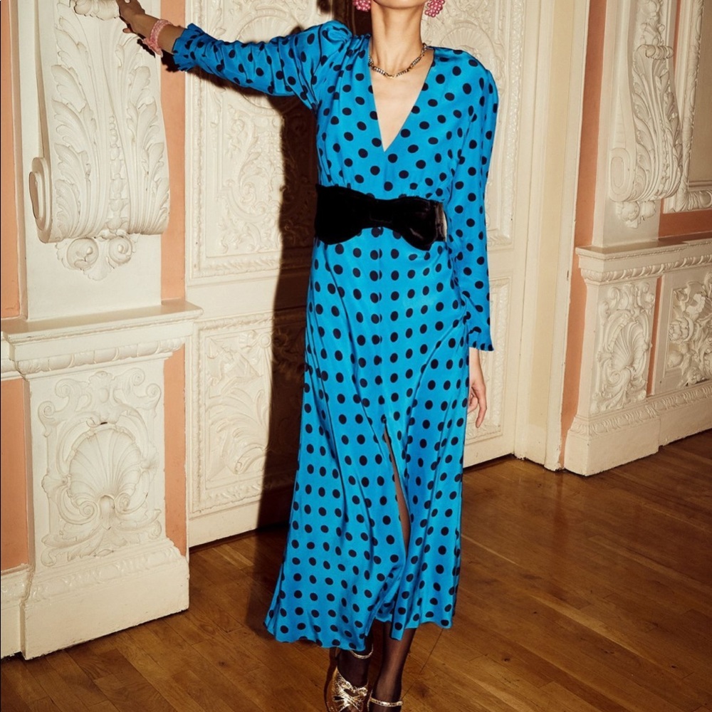RIXO LONDON Eloise Velvet Polka Dot MIDI Blue Dress Small Bow Party Rare Bias - Picture 1 of 9